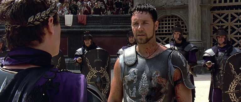 Photo of Joaquin Phoenix as Commodus and Russell Crowe as Maximus. 