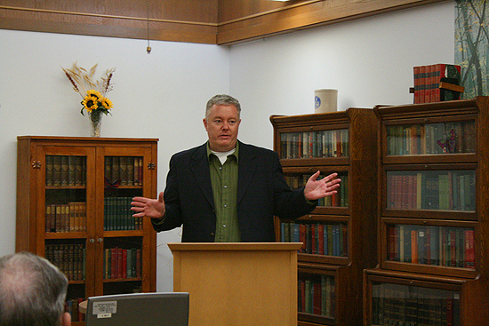 Fielding questions at the Oakley Public Library in Oakley, Kansas.