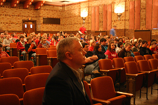 The anticipation builds as Paul waits on the sidelines during his introduction in front of the junior and senior high students in Oberlin, Kansas.