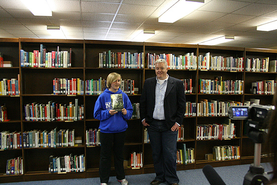 Paul Miles Schneider is interviewed on camera by students of Norton High School in Norton, Kansas.