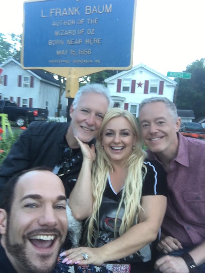 A wonderful group of friends gather below the plaque honoring L. Frank Baum, during Oz-Stravaganza 2016. (left to right:) Ryan Jay, Michael Carter, Emma Ridley, and Paul Miles Schneider. Chittenango, NY.