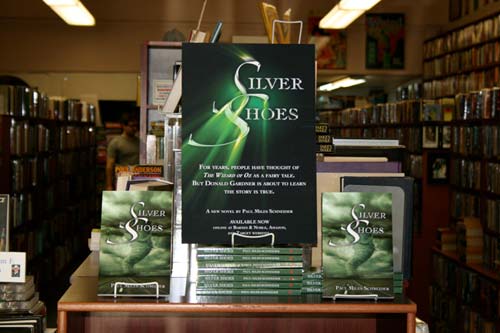 The book display for SILVER SHOES in the Mystery & Imagination Bookshop in Glendale! It’s front and center (for now), right as you walk into the store. Before I left, I signed all of these copies. Now they’re just waiting to be bought! 🙂