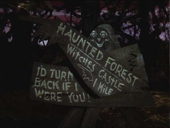 The wooden signpost in the Haunted Forest from MGM's "The Wizard of Oz."