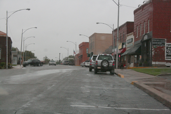 Pulling into downtown Louisburg, Kansas, on a quiet and rainy late afternoon. October 8, 2009.